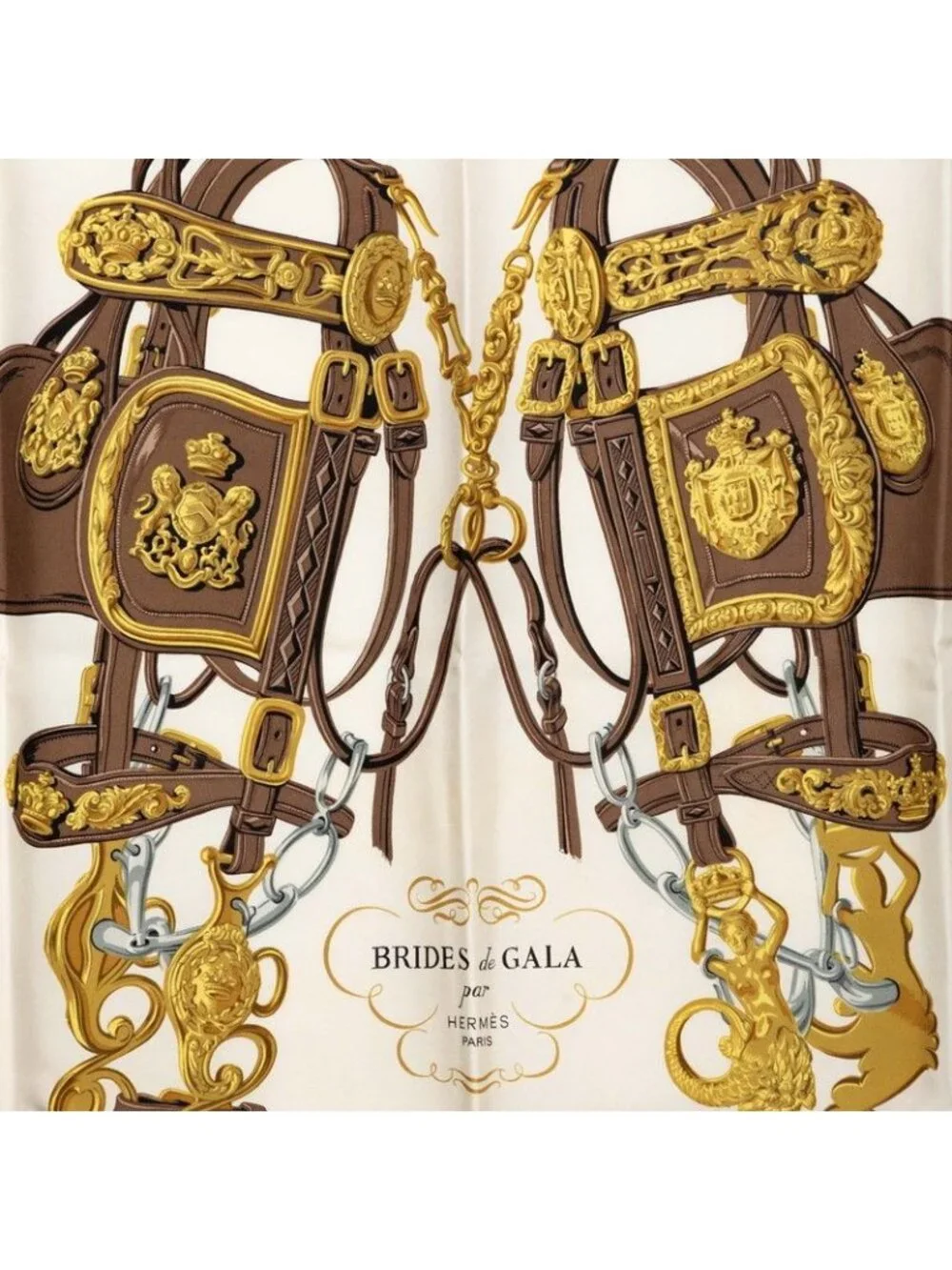 Hermes Carre 90 Bride de Gala Ceremonial Bridle Scarf Brown White Yellow Silk